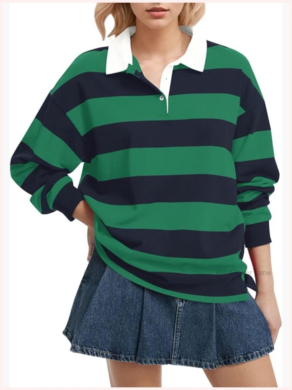 Oversized Striped Rugby Polo Sweatshirt Long Sleeve V Neck Pullover Top Y2K